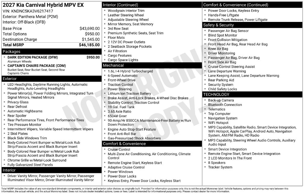 New 2027 Kia Carnival Hybrid EX Minivan/Van