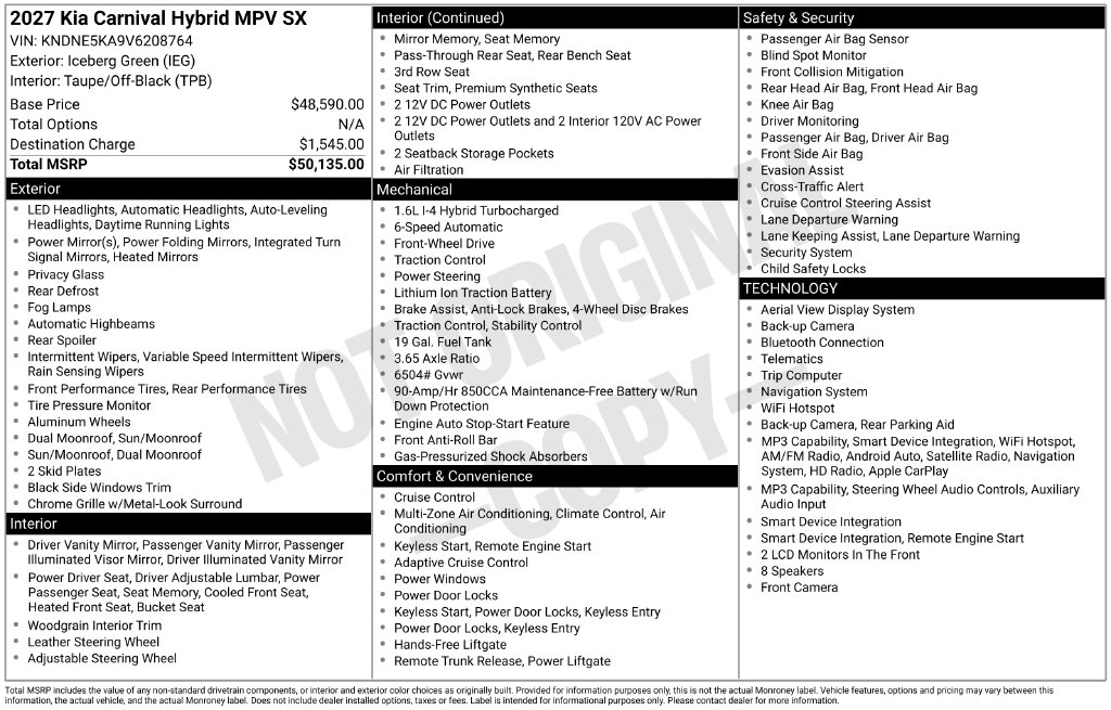 New 2027 Kia Carnival Hybrid SX Minivan/Van