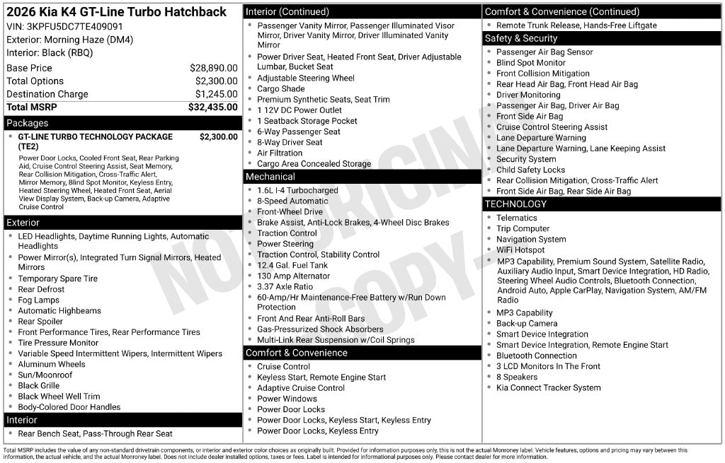 New 2026 Kia K4 GT-Line Turbo Hatchback