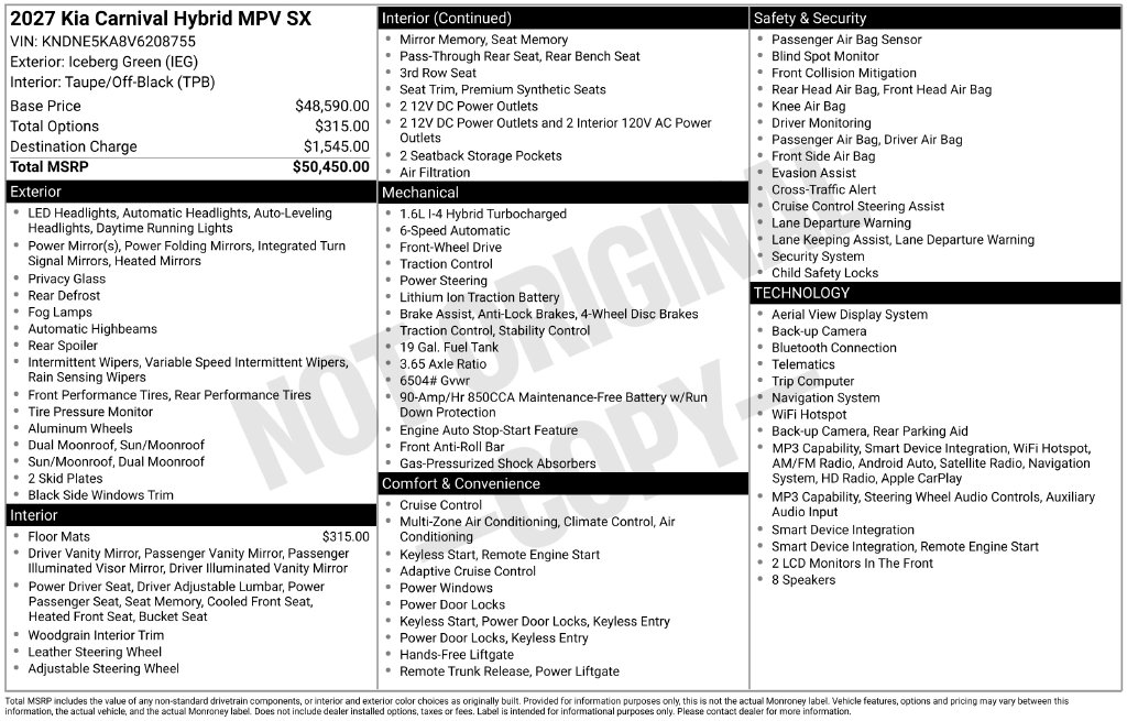 New 2027 Kia Carnival Hybrid SX Minivan/Van