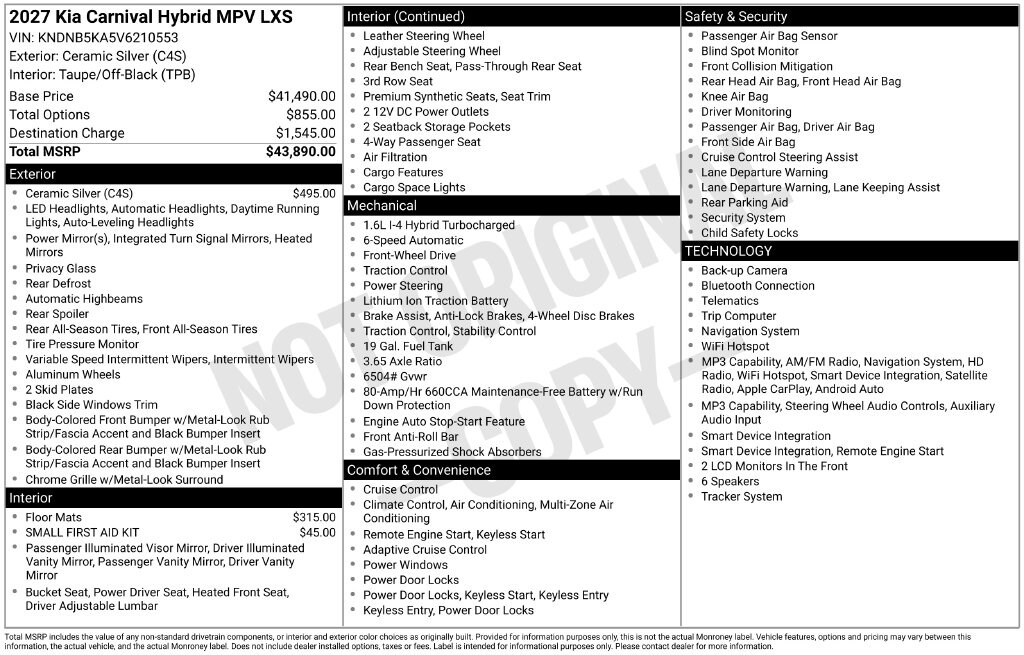 New 2027 Kia Carnival Hybrid LXS Minivan/Van