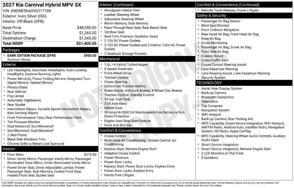 New 2027 Kia Carnival Hybrid SX Minivan/Van