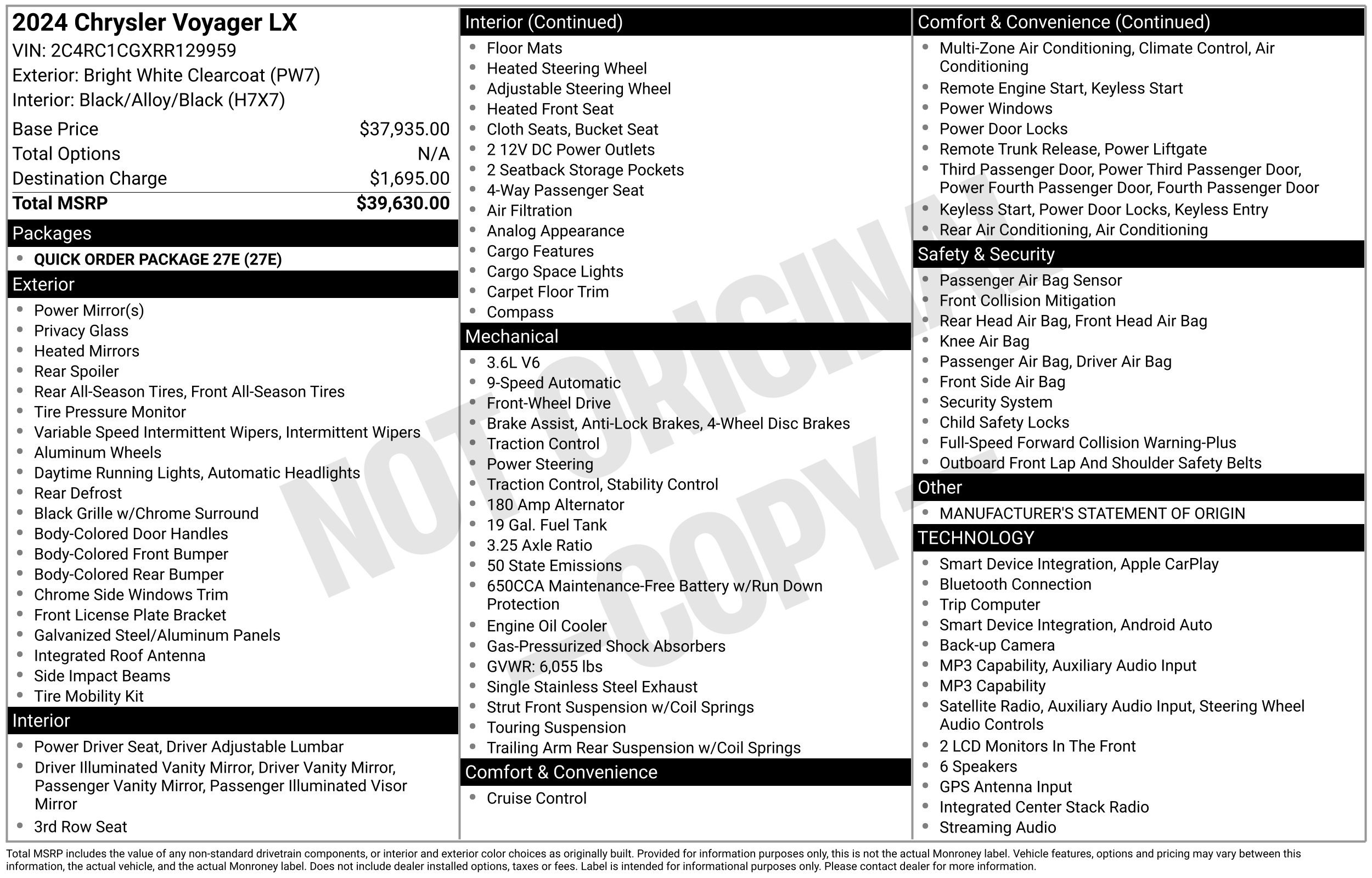 Used 2024 Chrysler Voyager LX Van Passenger Van