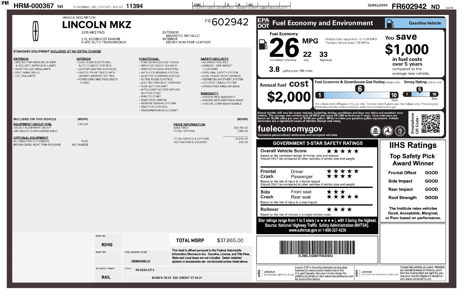 Used 2015 Lincoln MKZ Base Sedan