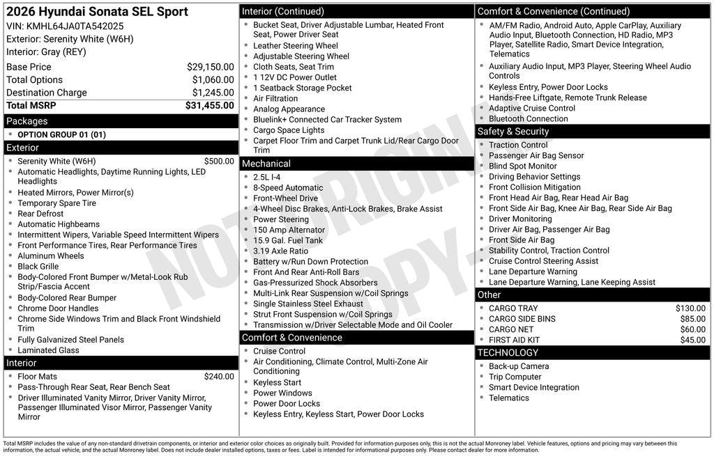 New 2026 Hyundai Sonata SEL Sport Sedan