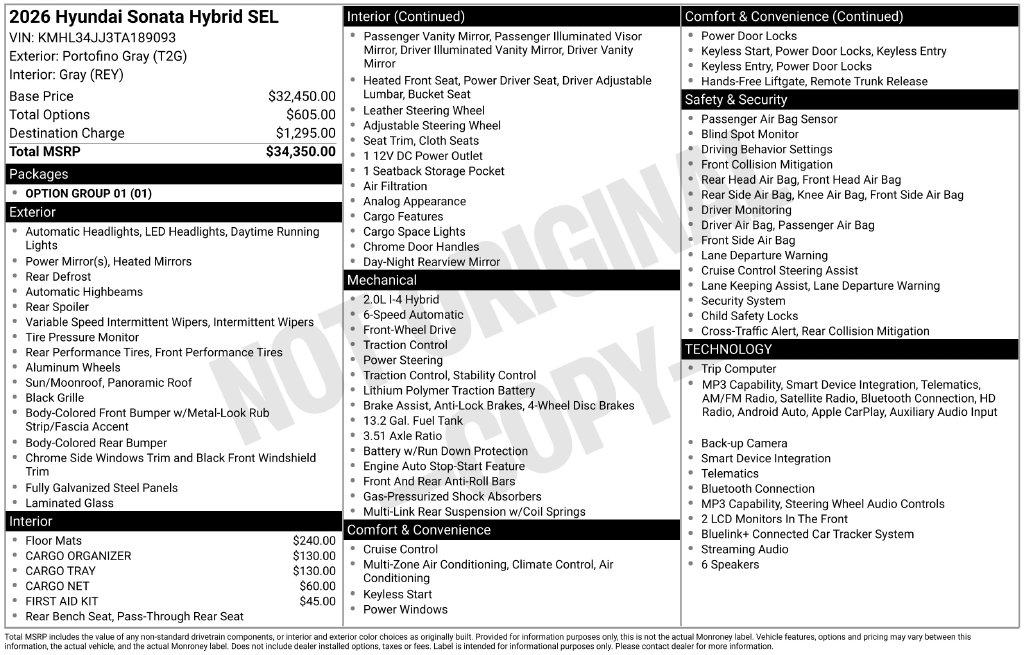 New 2026 Hyundai Sonata Hybrid SEL Sedan