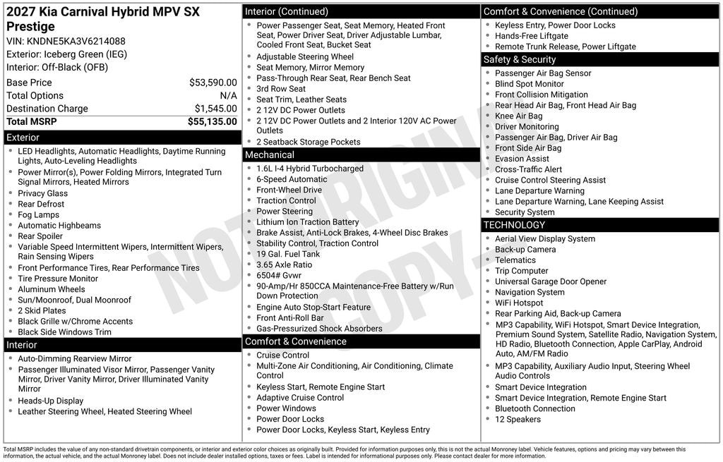 New 2027 Kia Carnival Hybrid SX Prestige Van Passenger Van
