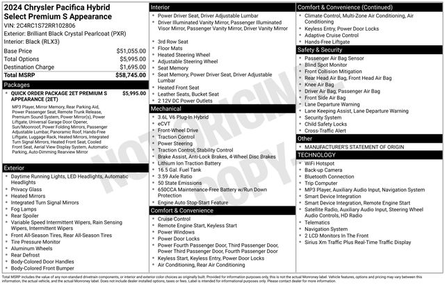 Certified 2024 Chrysler Pacifica Hybrid Select Premium S Appearance Minivan/Van