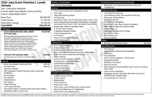 New 2026 Jeep Grand Cherokee L Laredo Altitude Sport Utility