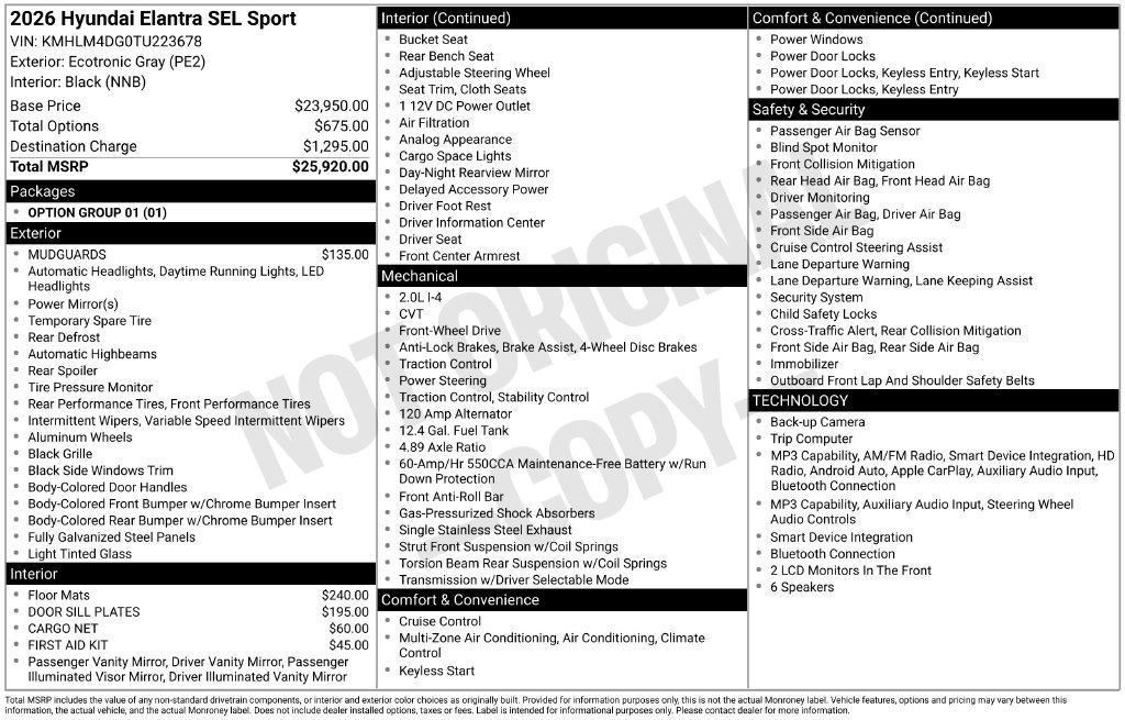 New 2026 Hyundai Elantra SEL Sport Sedan