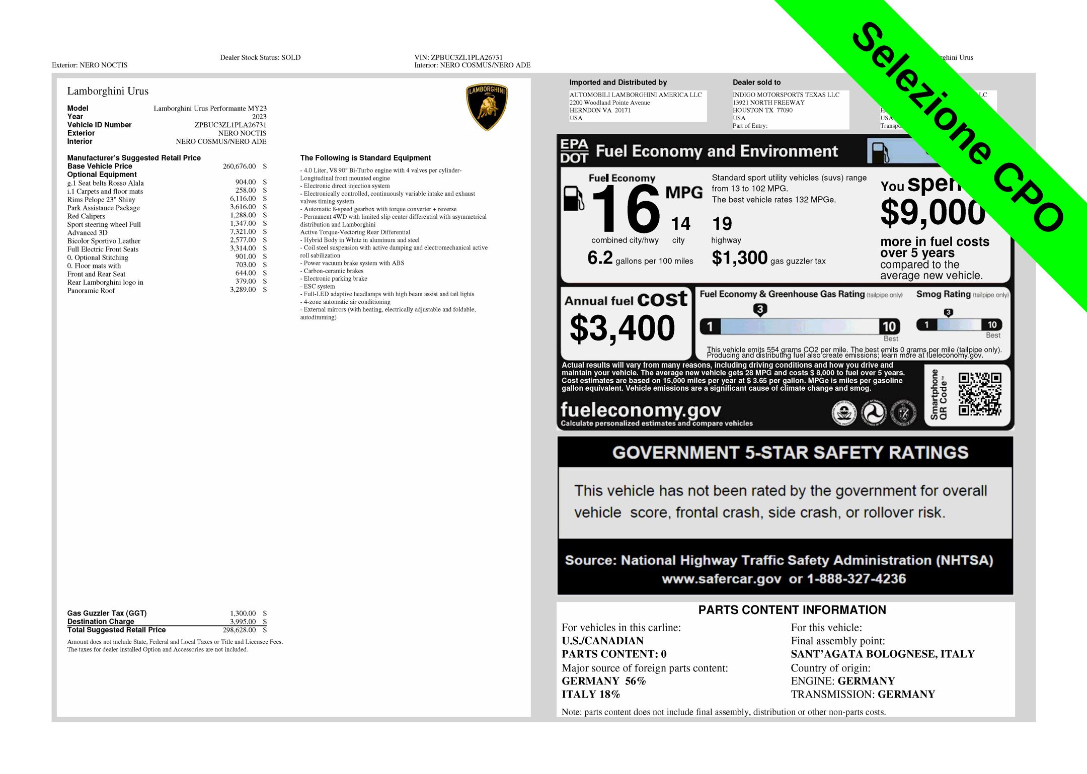 Certified 2023 Lamborghini Urus Performante SUV