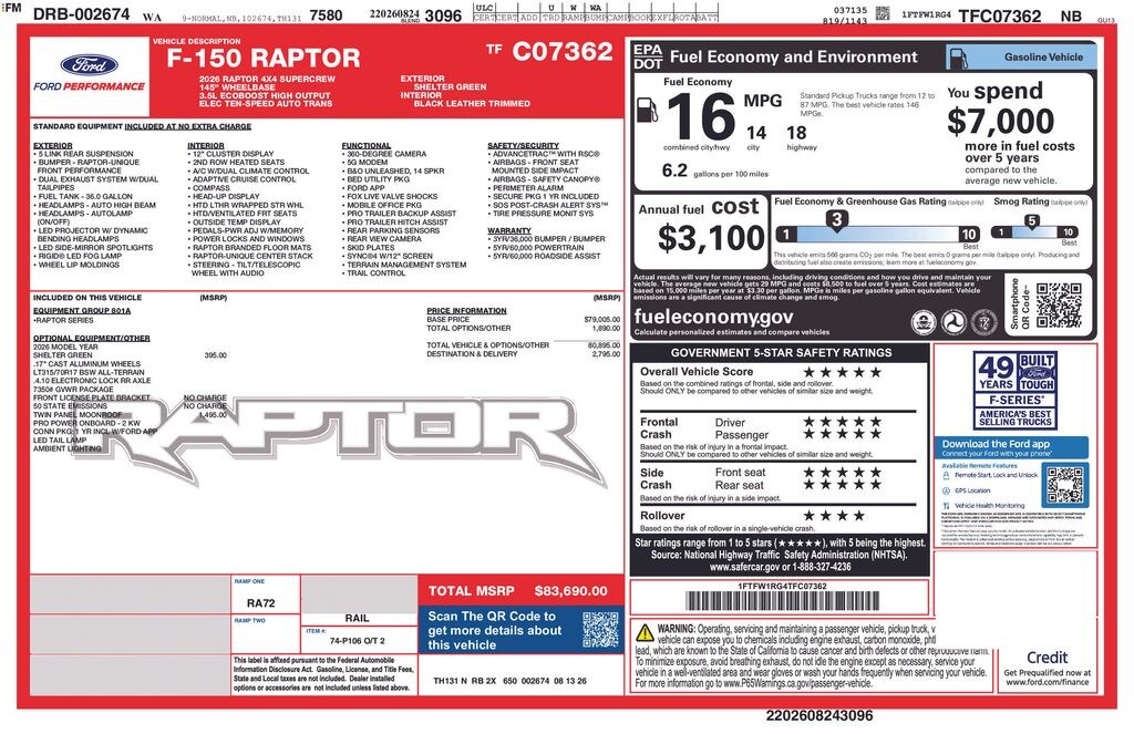 New 2026 Ford F-150 Raptor Truck SuperCrew Cab