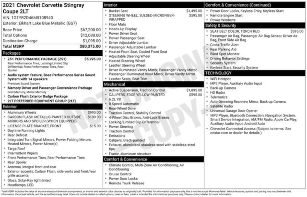 Used 2021 Chevrolet Corvette Stingray 2LT Performance