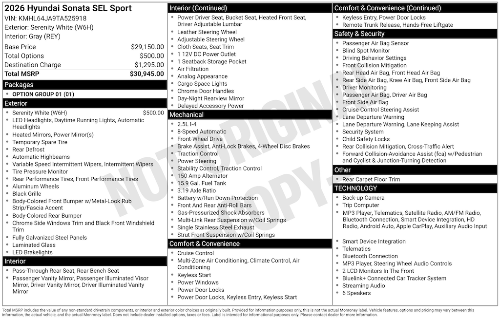 Certified 2026 Hyundai Sonata SEL Sport Sedan