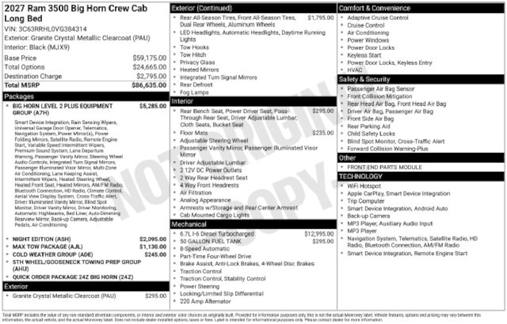New 2027 Ram 3500 BIG HORN CREW CAB 4X4 8' BOX Pickup
