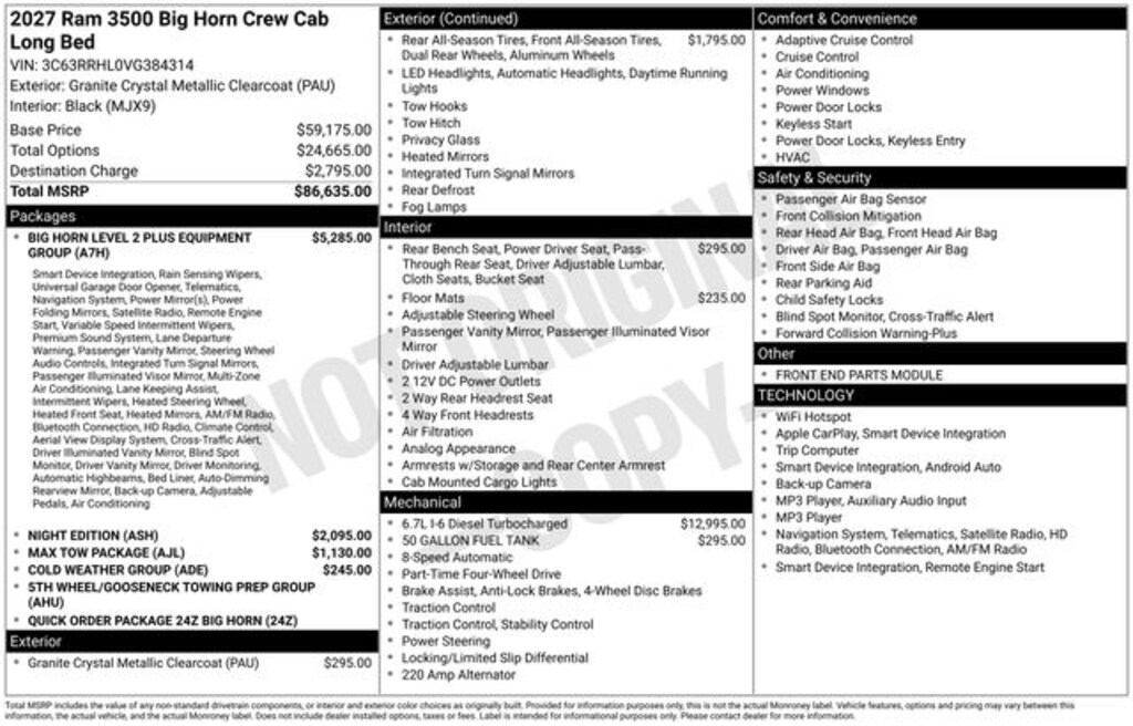 New 2027 Ram 3500 BIG HORN CREW CAB 4X4 8' BOX Pickup