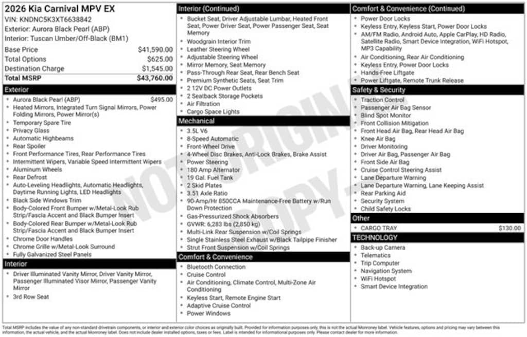 New 2026 Kia Carnival EX Minivan/Van