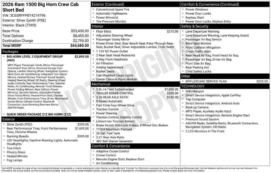 New 2026 Ram 1500 BIG HORN CREW CAB 4X4 5'7 BOX Pickup