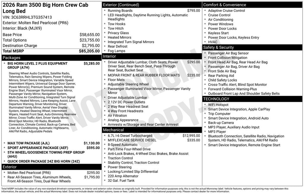 New 2026 Ram 3500 BIG HORN CREW CAB 4X4 8' BOX Pickup