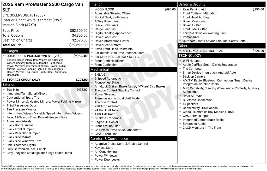 New 2026 Ram ProMaster PROMASTER 2500 SLT CARGO VAN HIGH ROOF 159' WB Cargo Van