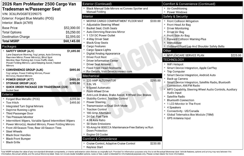 New 2026 Ram ProMaster PROMASTER 2500 TRADESMAN CARGO VAN HIGH ROOF 159' Cargo Van