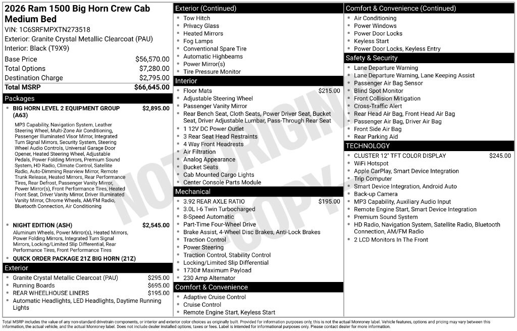 New 2026 Ram 1500 BIG HORN CREW CAB 4X4 6'4 BOX Pickup