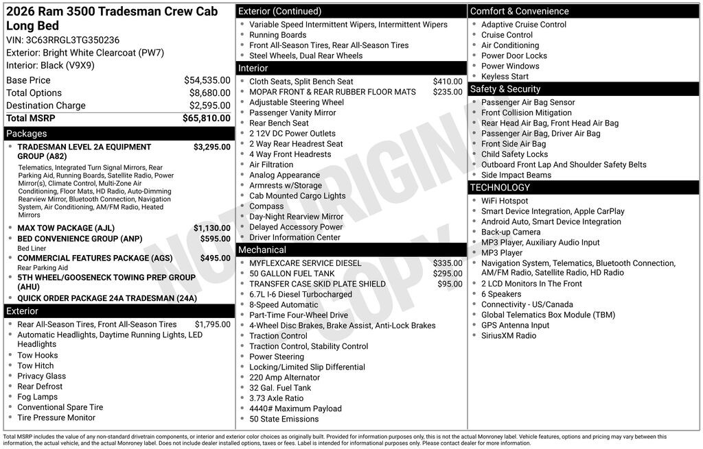 New 2026 Ram 3500 TRADESMAN CREW CAB 4X4 8' BOX Pickup