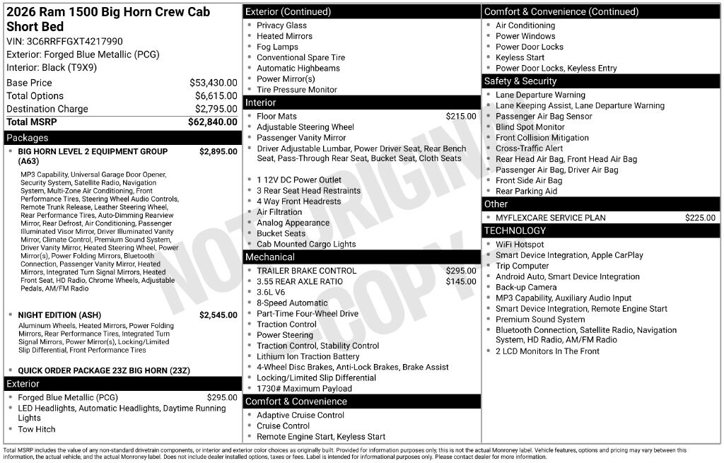 New 2026 Ram 1500 BIG HORN CREW CAB 4X4 5'7 BOX Pickup