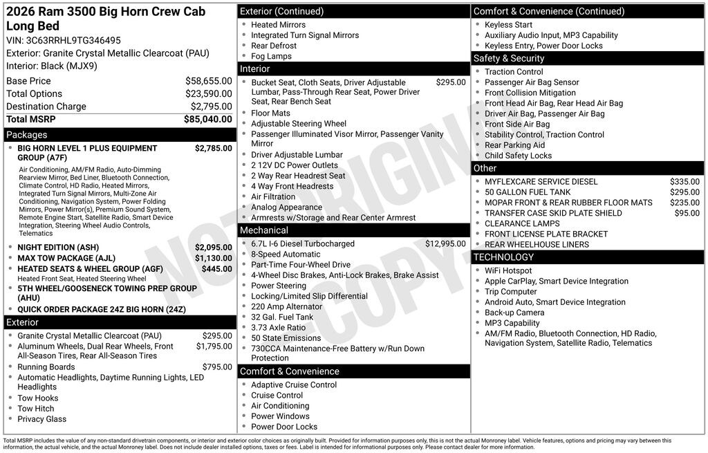 New 2026 Ram 3500 BIG HORN CREW CAB 4X4 8' BOX Pickup