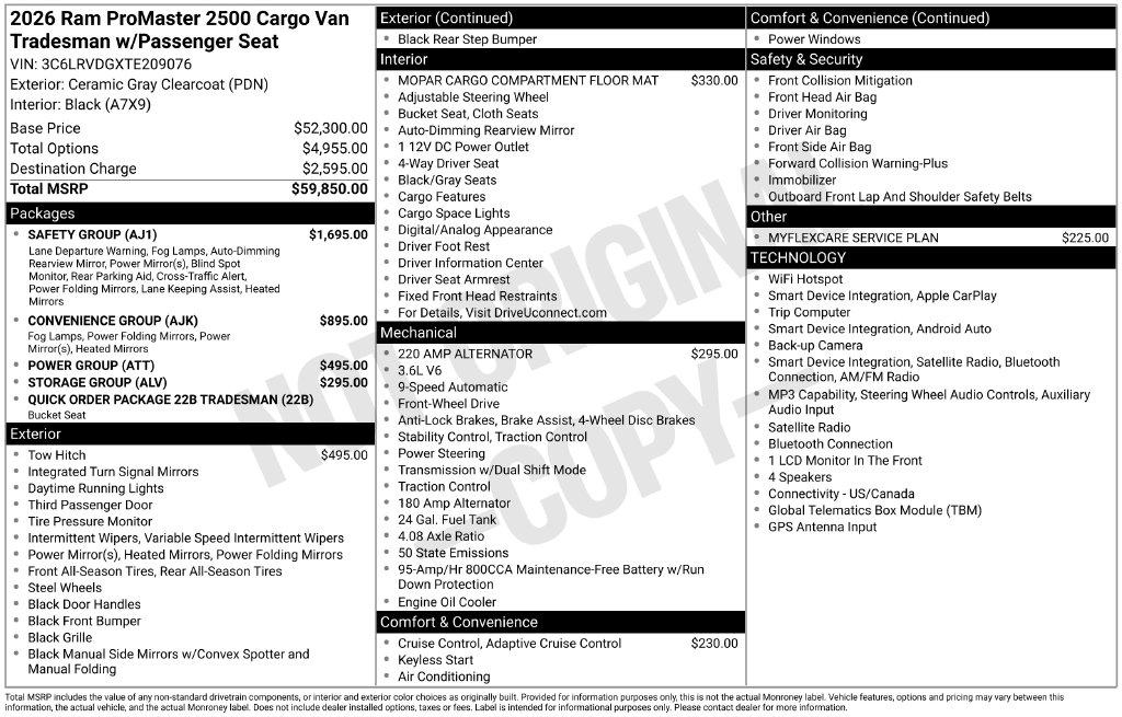New 2026 Ram ProMaster PROMASTER 2500 TRADESMAN CARGO VAN HIGH ROOF 159' Cargo Van