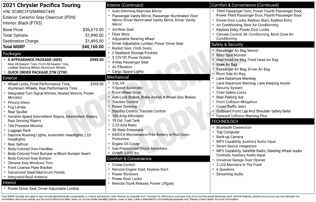 Used 2021 Chrysler Pacifica Touring Van Passenger Van
