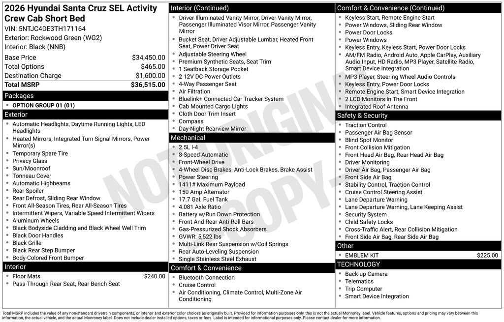 New 2026 Hyundai Santa Cruz SEL Activity FWD Truck Crew Cab