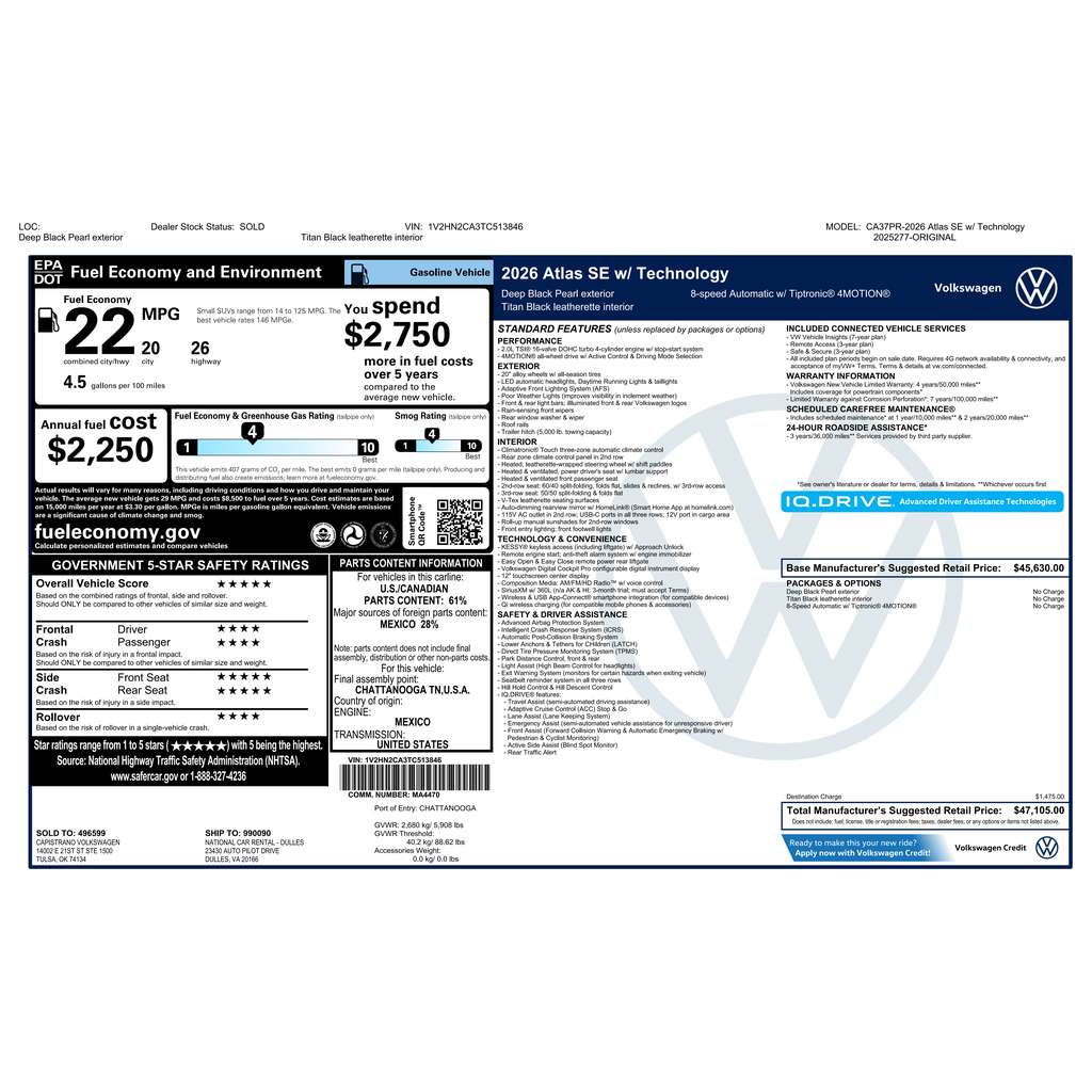 Used 2026 Volkswagen Atlas SE w/Technology SUV