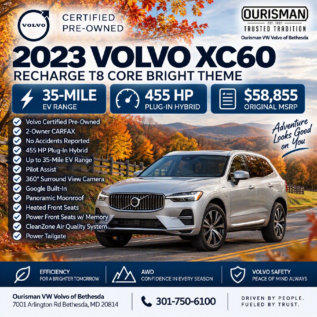 Certified 2023 Volvo XC60 Recharge Plug-In Hybrid T8 Core Bright Theme SUV