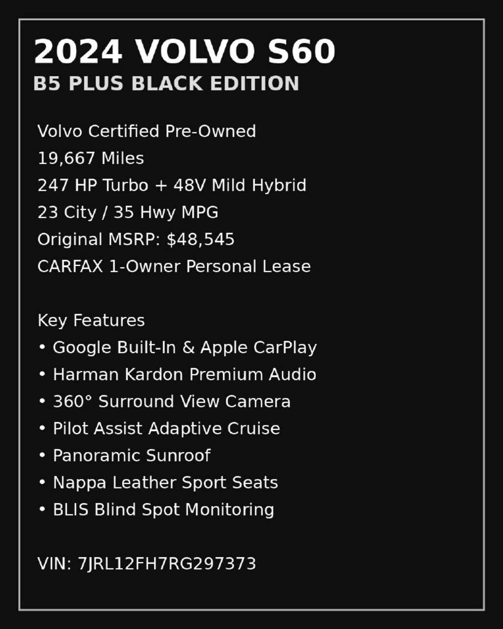 Certified 2024 Volvo S60 B5 Plus Black Edition Sedan