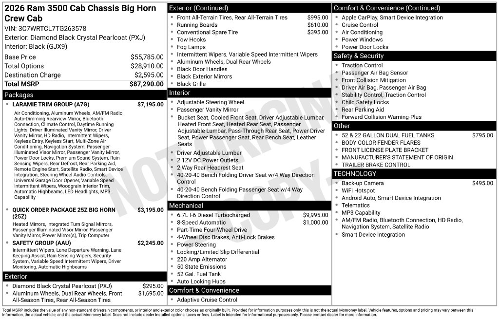New 2026 Ram 3500 Chassis Cab BIG HORN CREW 4X4 60' CA Pickup