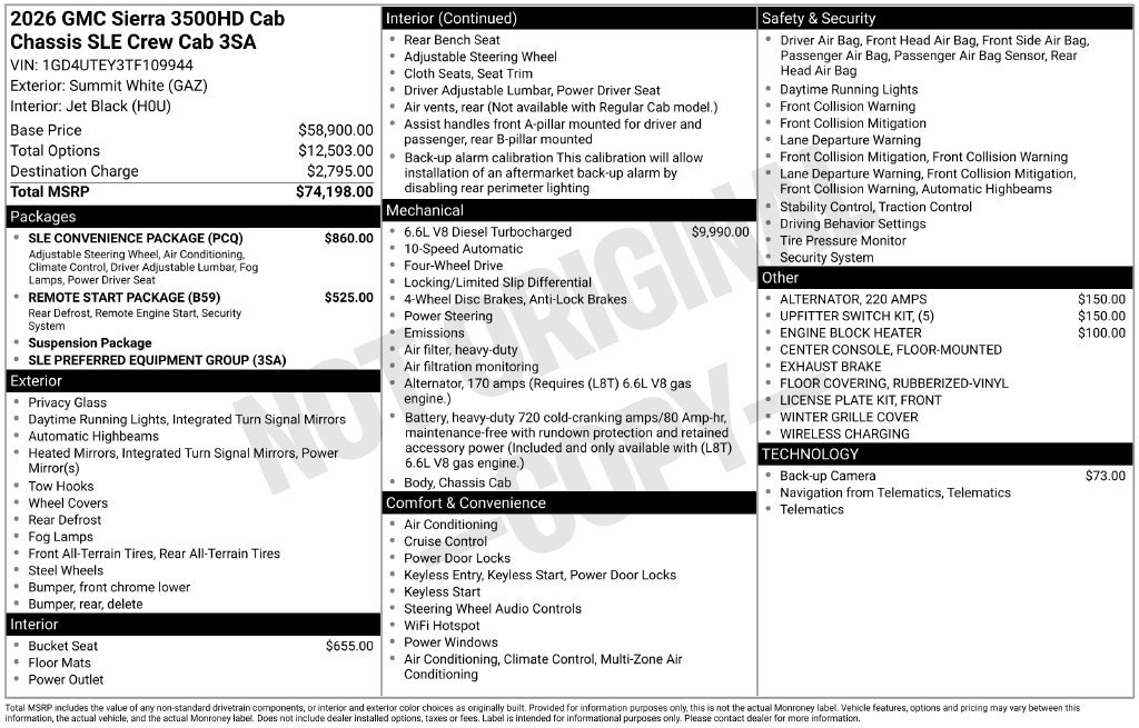 New 2026 GMC Sierra 3500 HD Chassis Cab SLE Truck