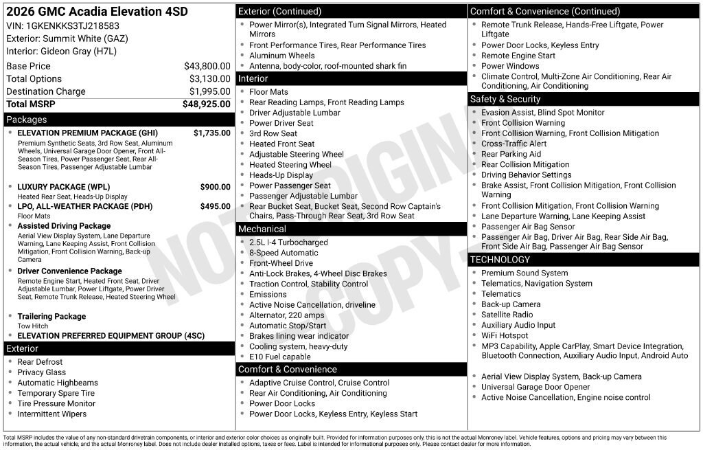 New 2026 GMC Acadia Elevation SUV