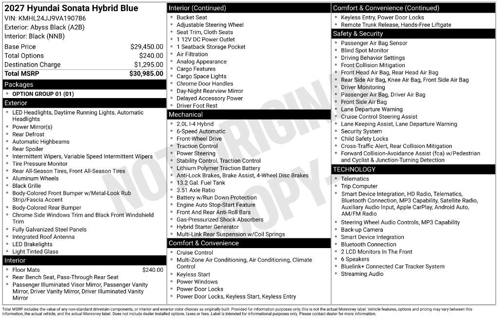 New 2027 Hyundai Sonata Hybrid Blue Sedan